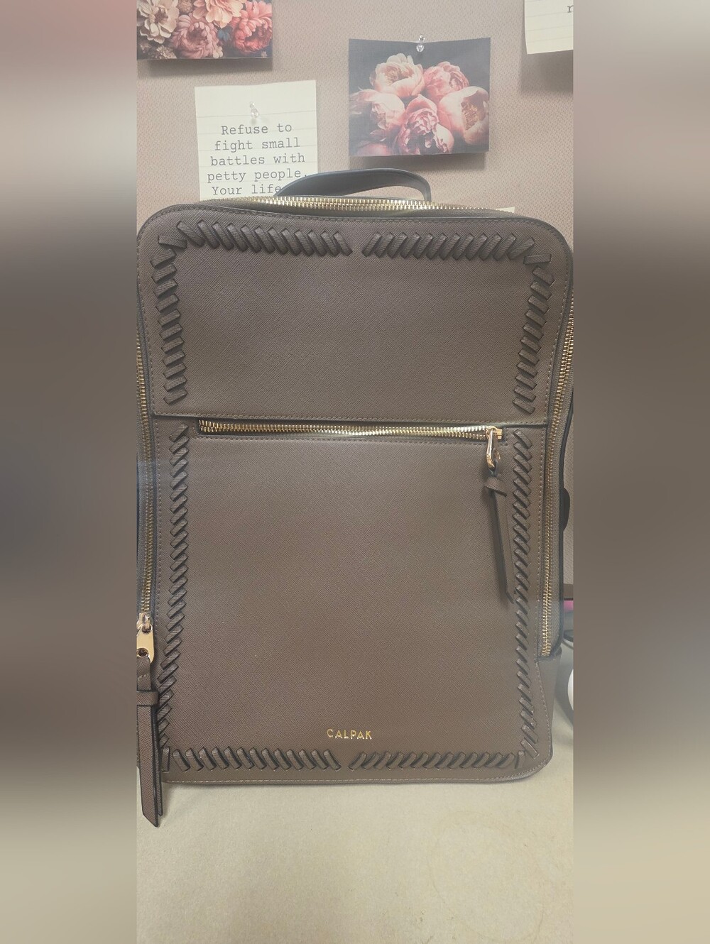 Calpak Brown Leather-Textured Backpack with Woven Trim